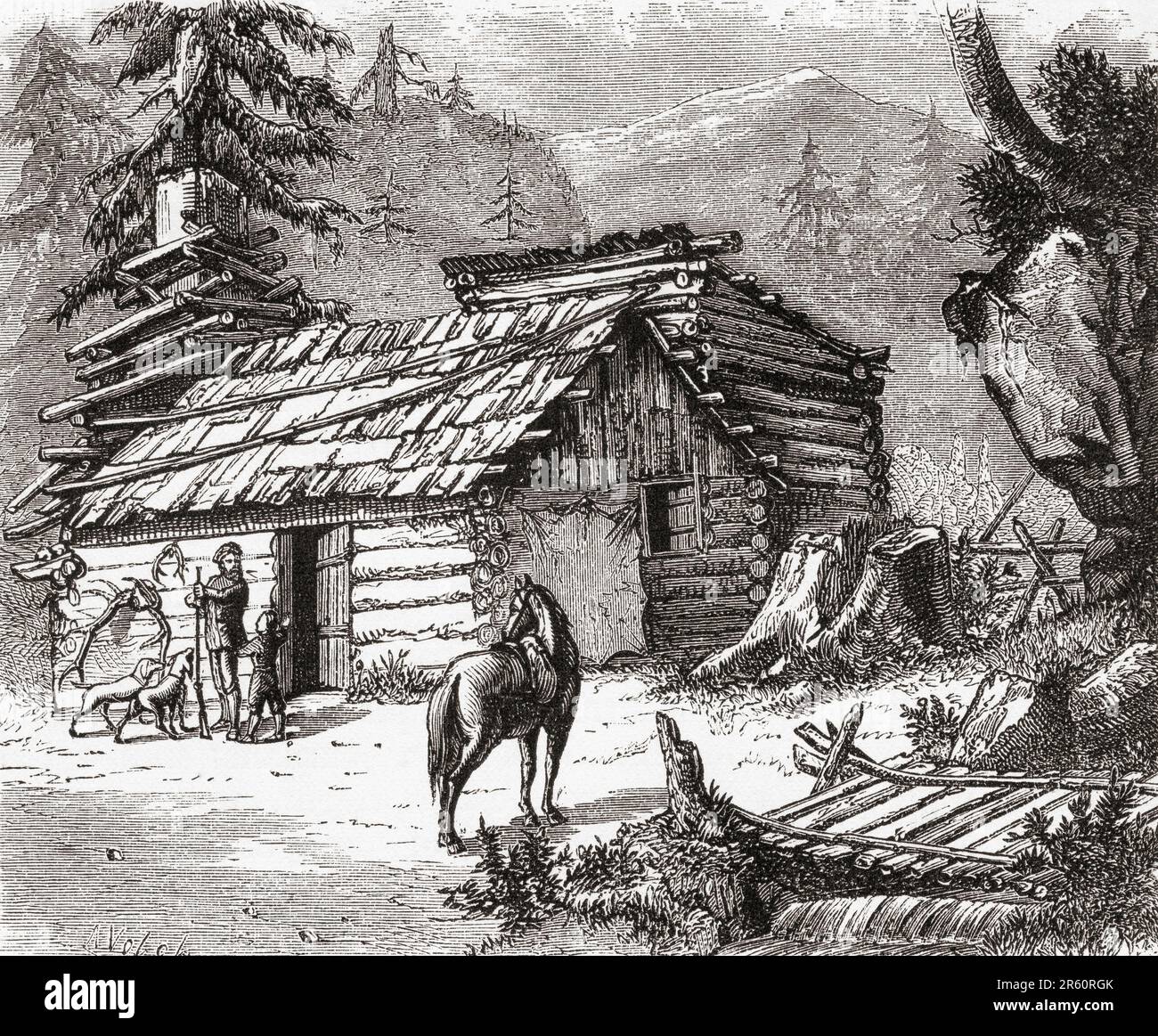 A log hut in the west, USA in the 19th century.  From America Revisited: From The Bay of New York to The Gulf of Mexico, published 1886. Stock Photo