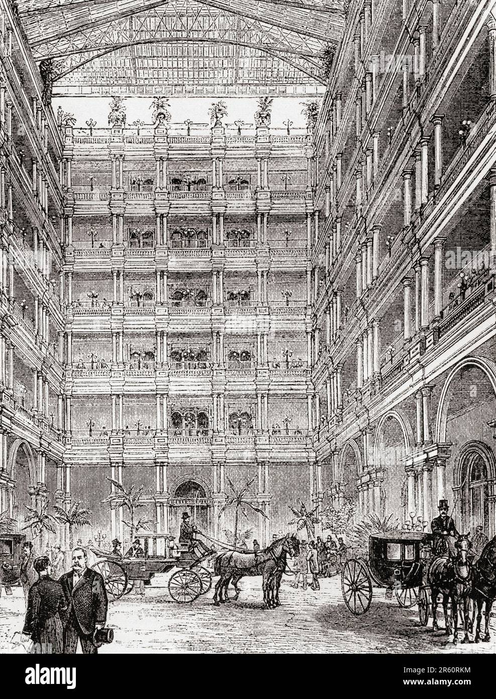 The Courtyard of the original Palace Hotel, San Francisco, USA before it was gutted by fire in the earthquake of 1906.  From America Revisited: From The Bay of New York to The Gulf of Mexico, published 1886. Stock Photo