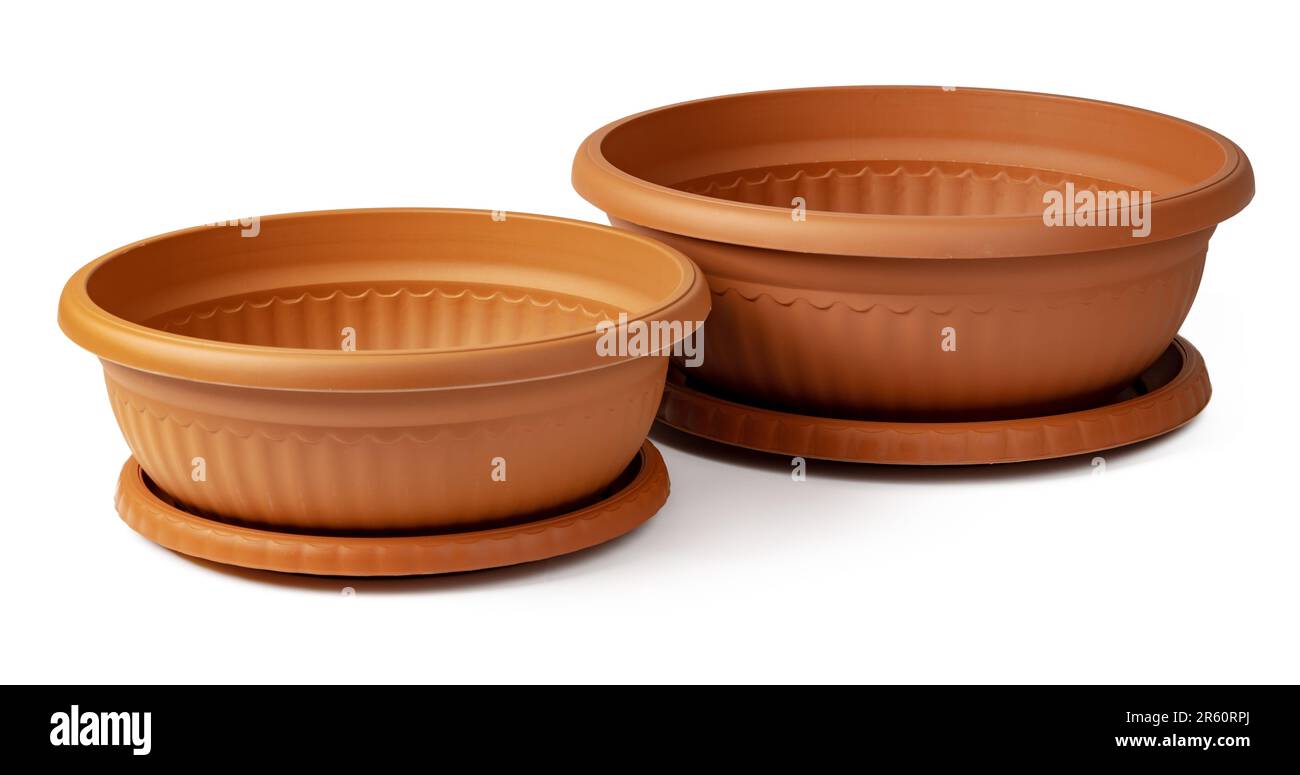 Brown plastic flower pot isolated on a white background Stock Photo - Alamy