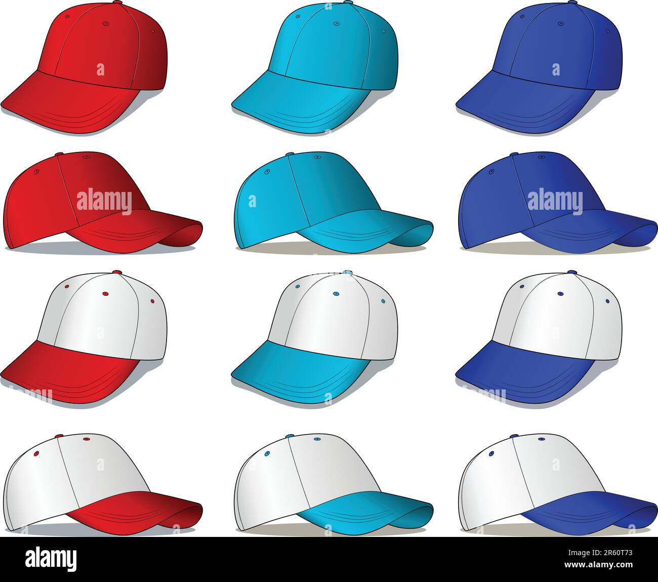 This is a set of red white and/or blue baseball caps - they are vector illustrations Stock Vector