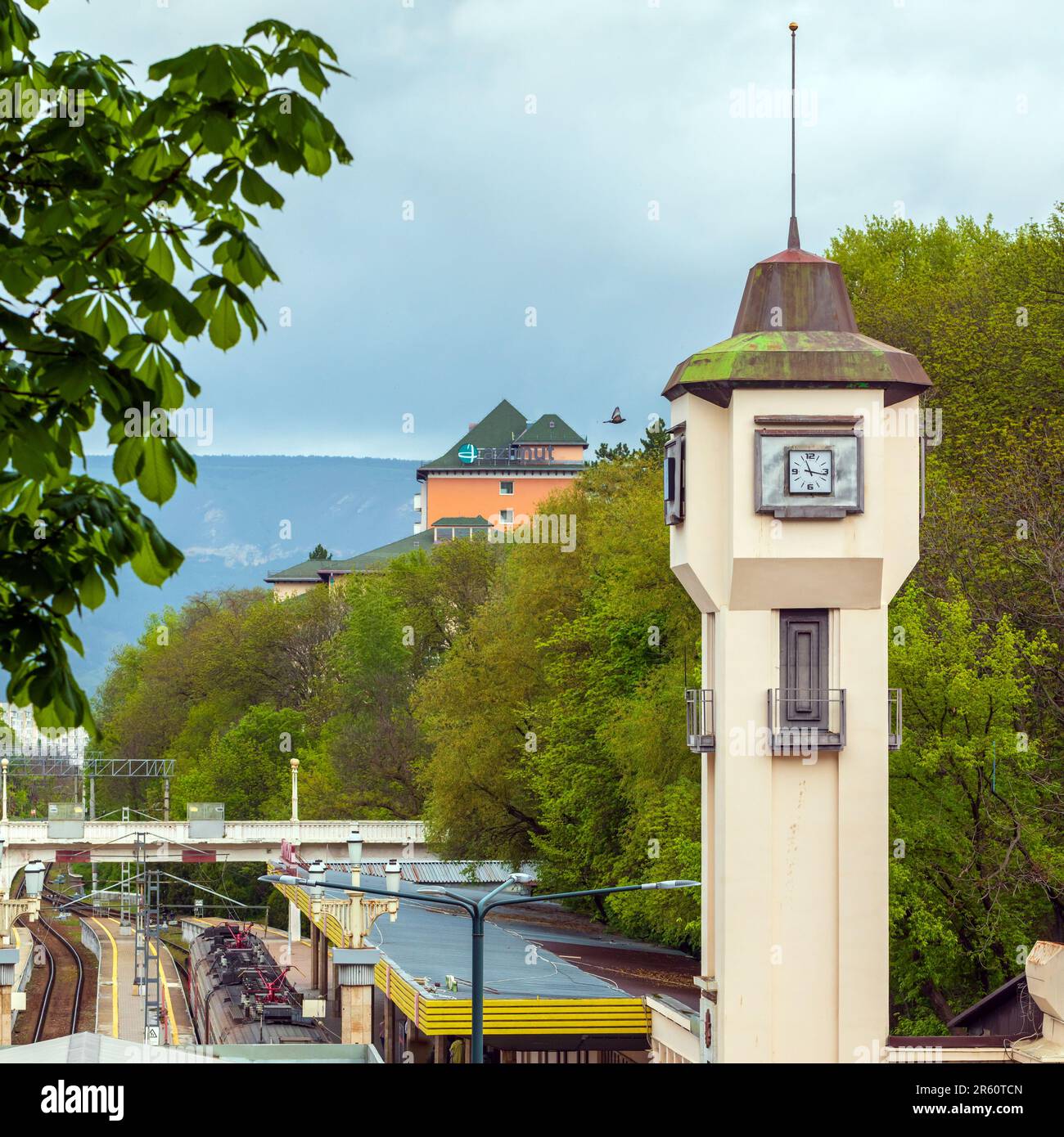 Kislovodsk, Russia - May 8, 2023: Clock tower at Kislovodsk central railway station Stock Photo