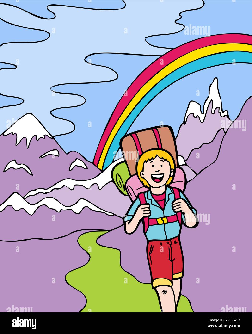 Young child is backpacking across a mountain trail. A rainbow appears in the sky. Stock Vector