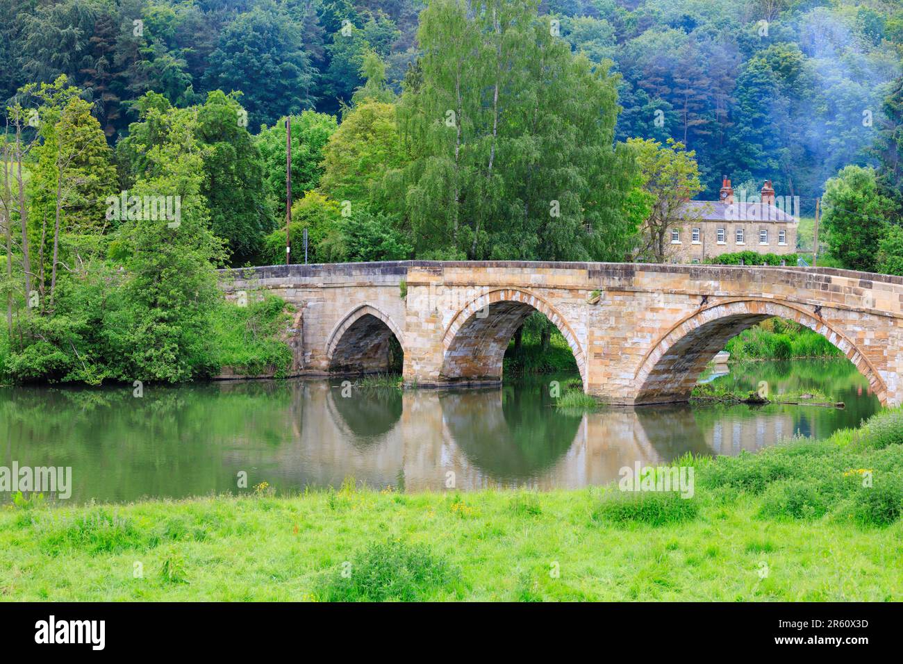 Medieval stone arch bridge over the River Derwent at Kirkham Priory