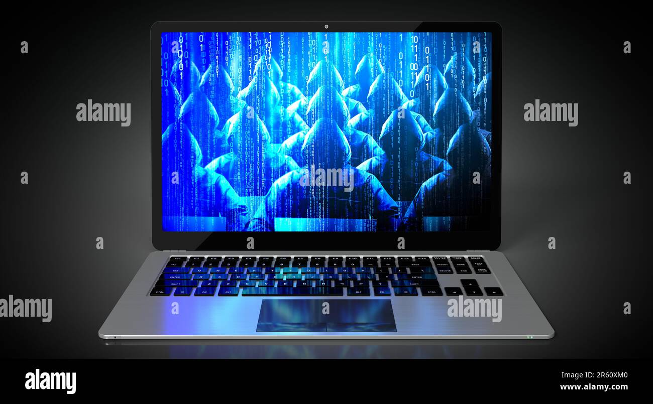 Anonymous hooded hackers on laptop screen - cyber attack concept Stock ...