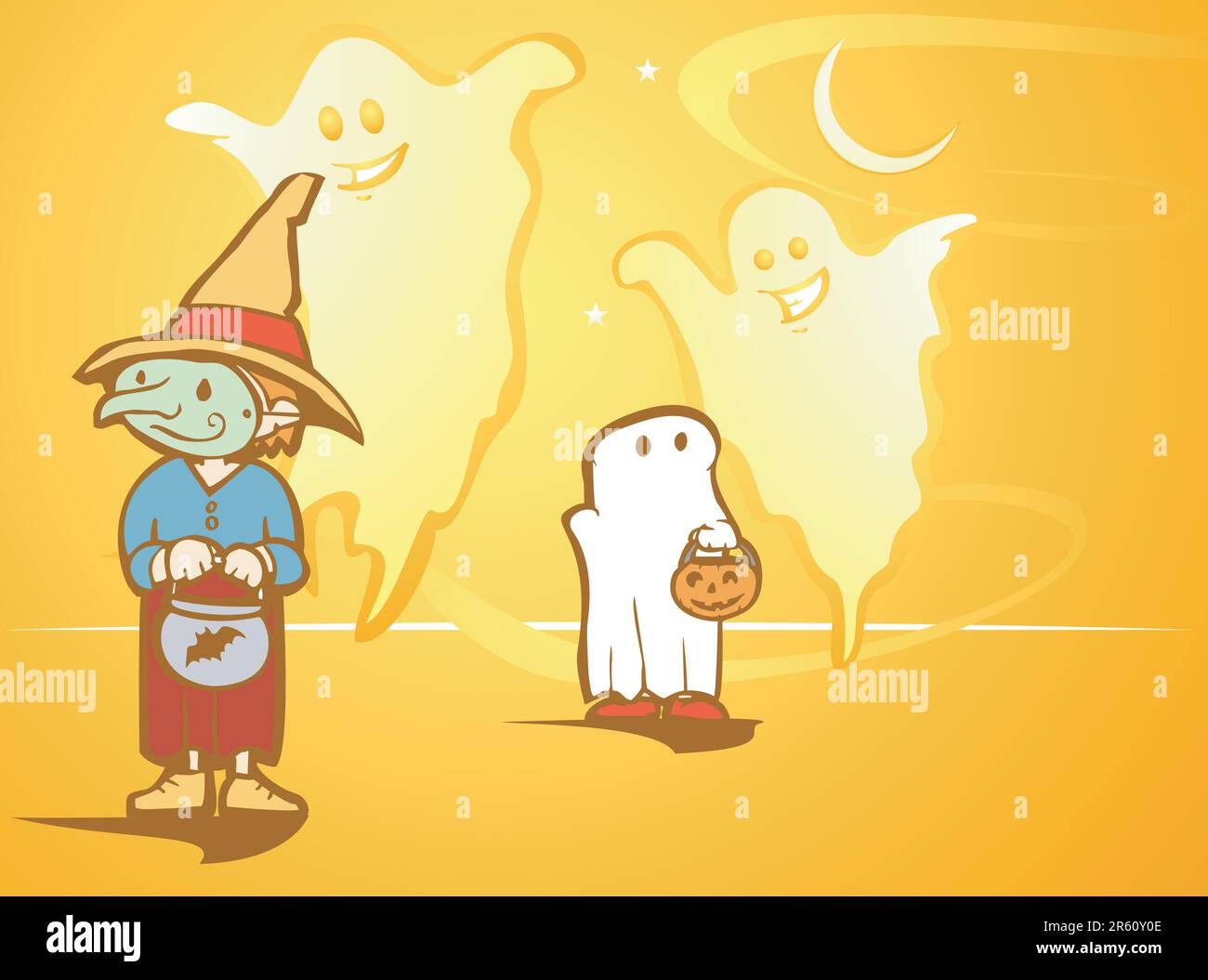 Halloween witch and ghost kids followed by real ghosts. Stock Vector