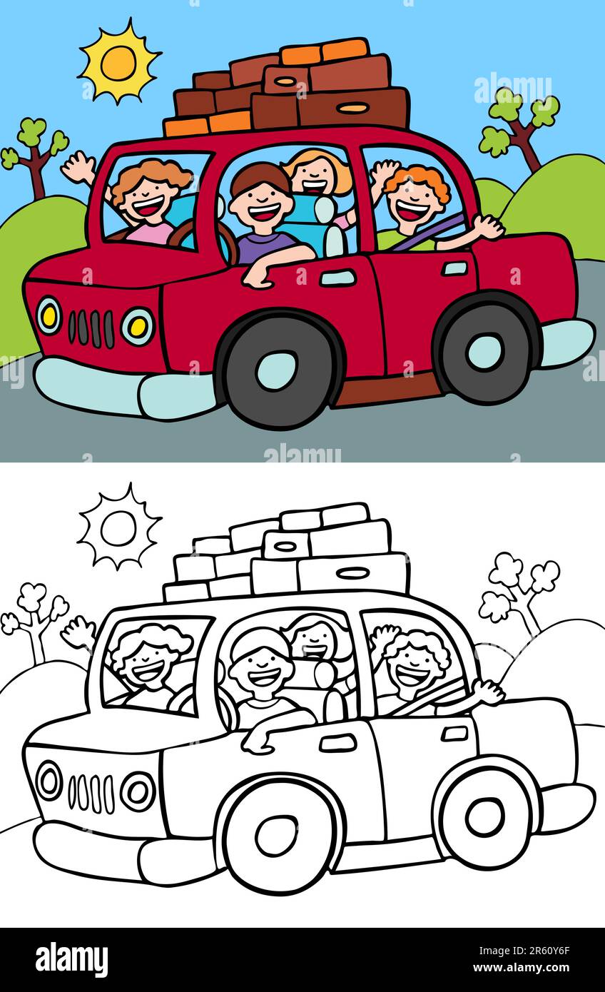 Cartoon image of a family taking a trip in their car - both color and