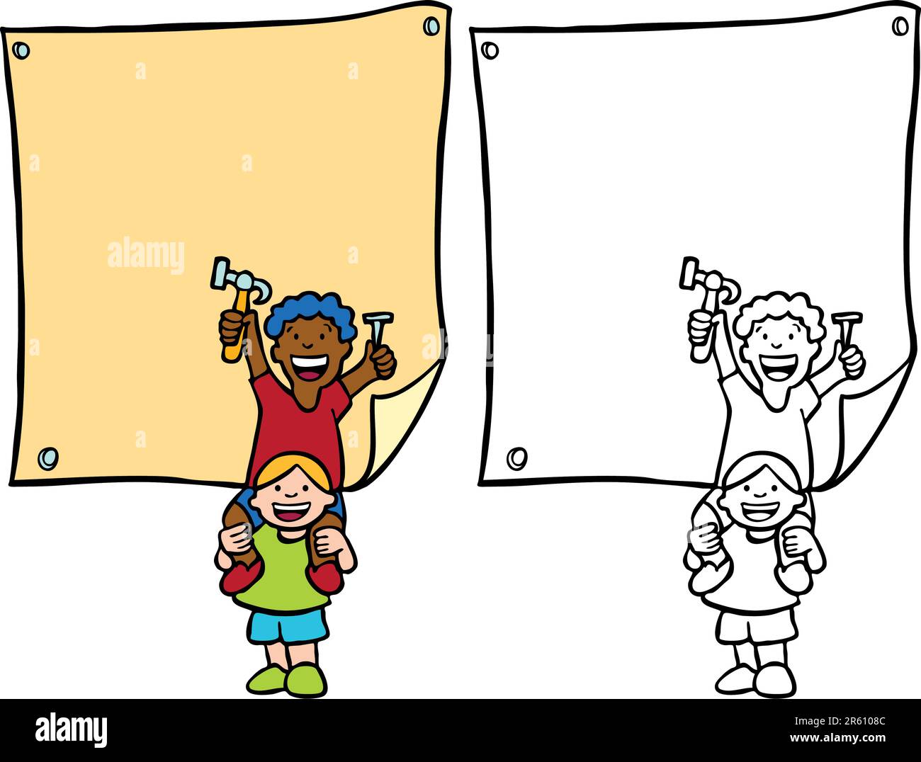 Cartoon image of children putting up sign - both color and black