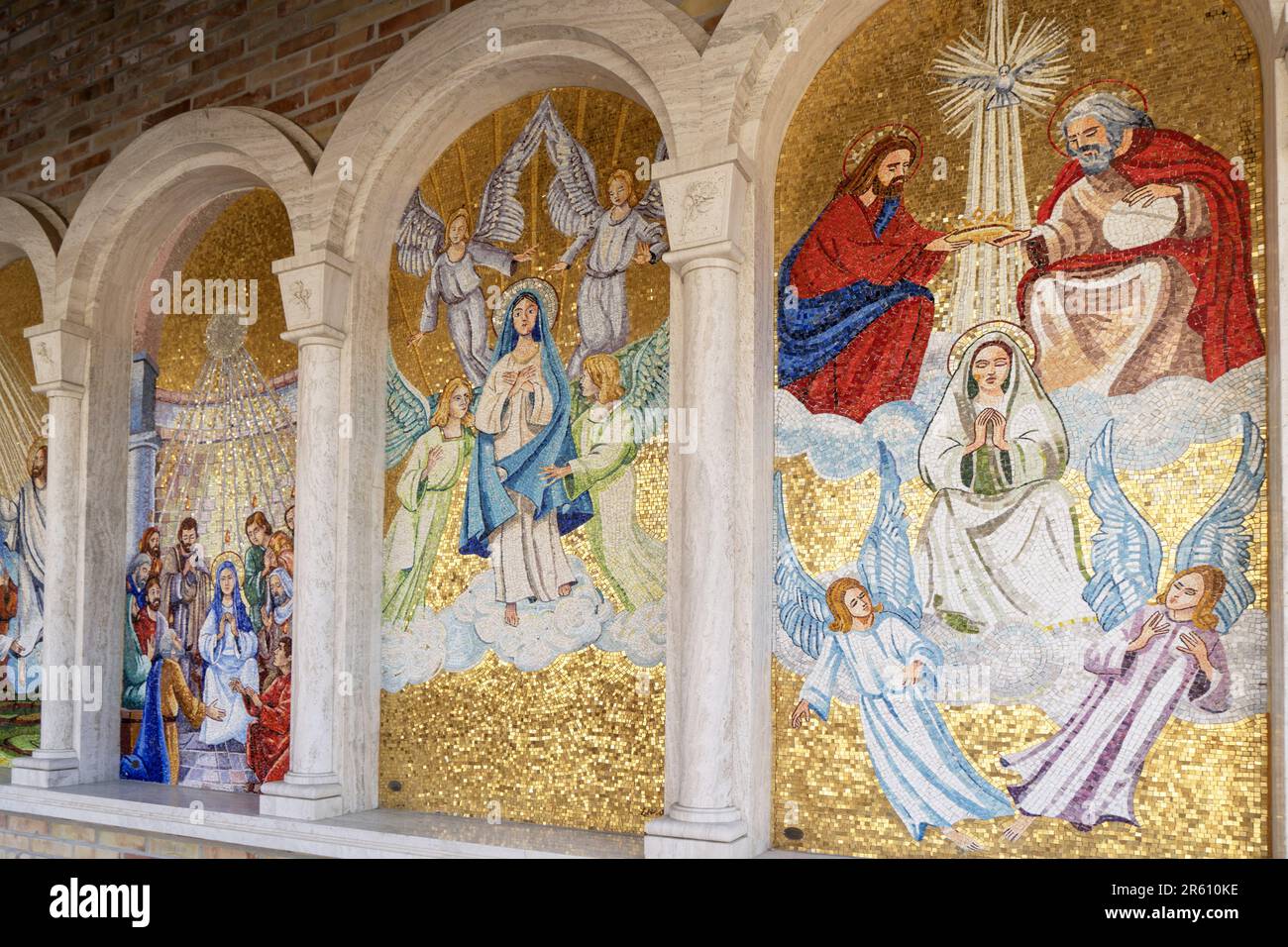 Via dello Splendore street, Shrine of Our Lady of Splendor, Mosaics of the Portico del Rosario, Giulianova, Abruzzo, Italy, Europe Stock Photo