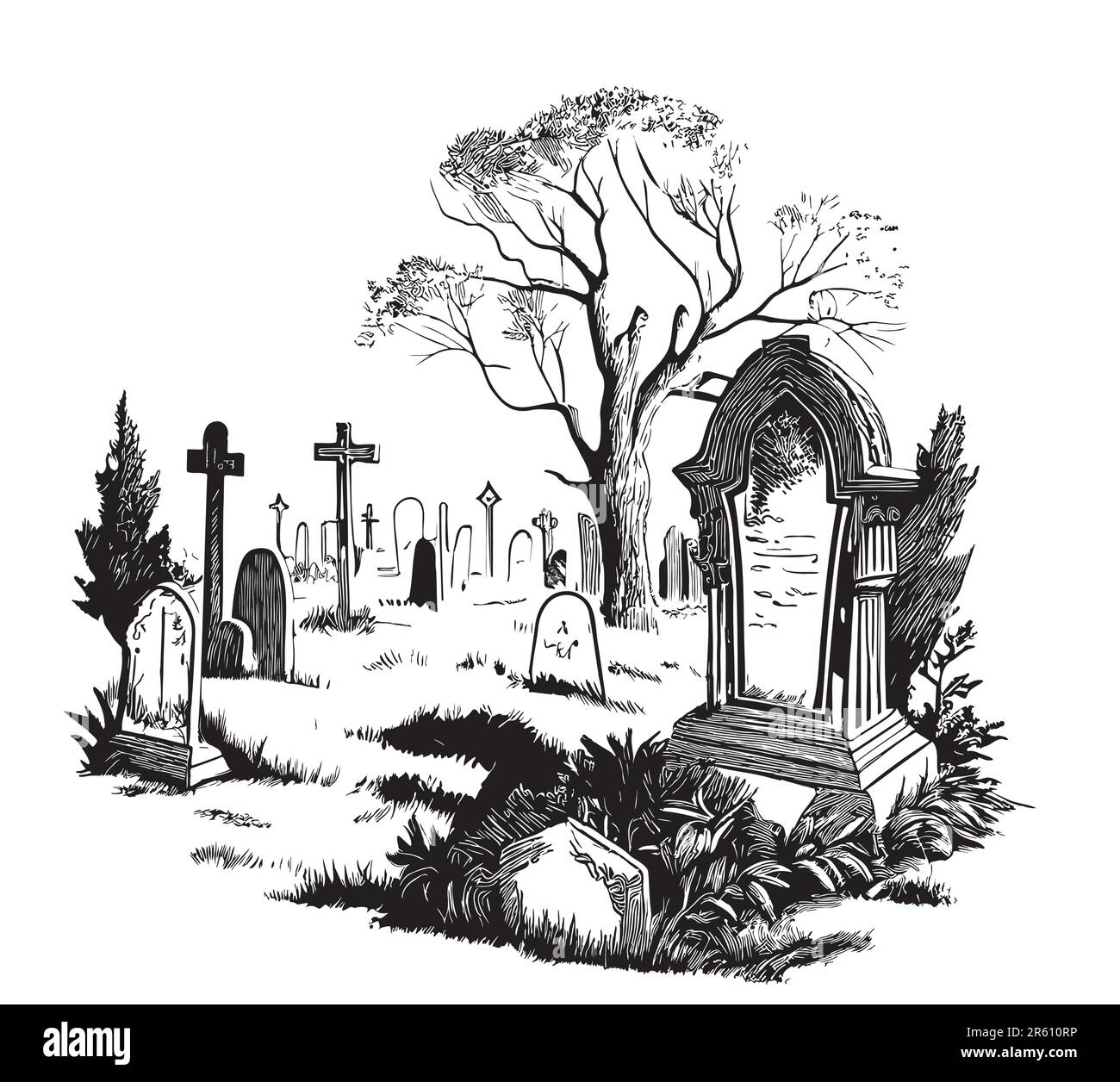 Old retro cemetery hand drawn sketch illustration Stock Vector Image