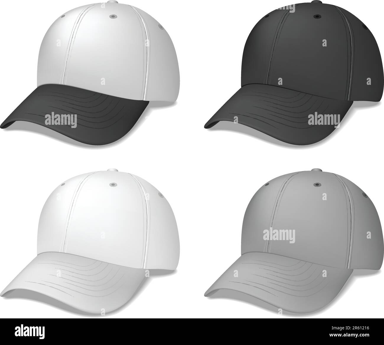 These are realistic black, white and gray baseball caps - They are all vector illustrations utilizing the gradient mesh. Stock Vector