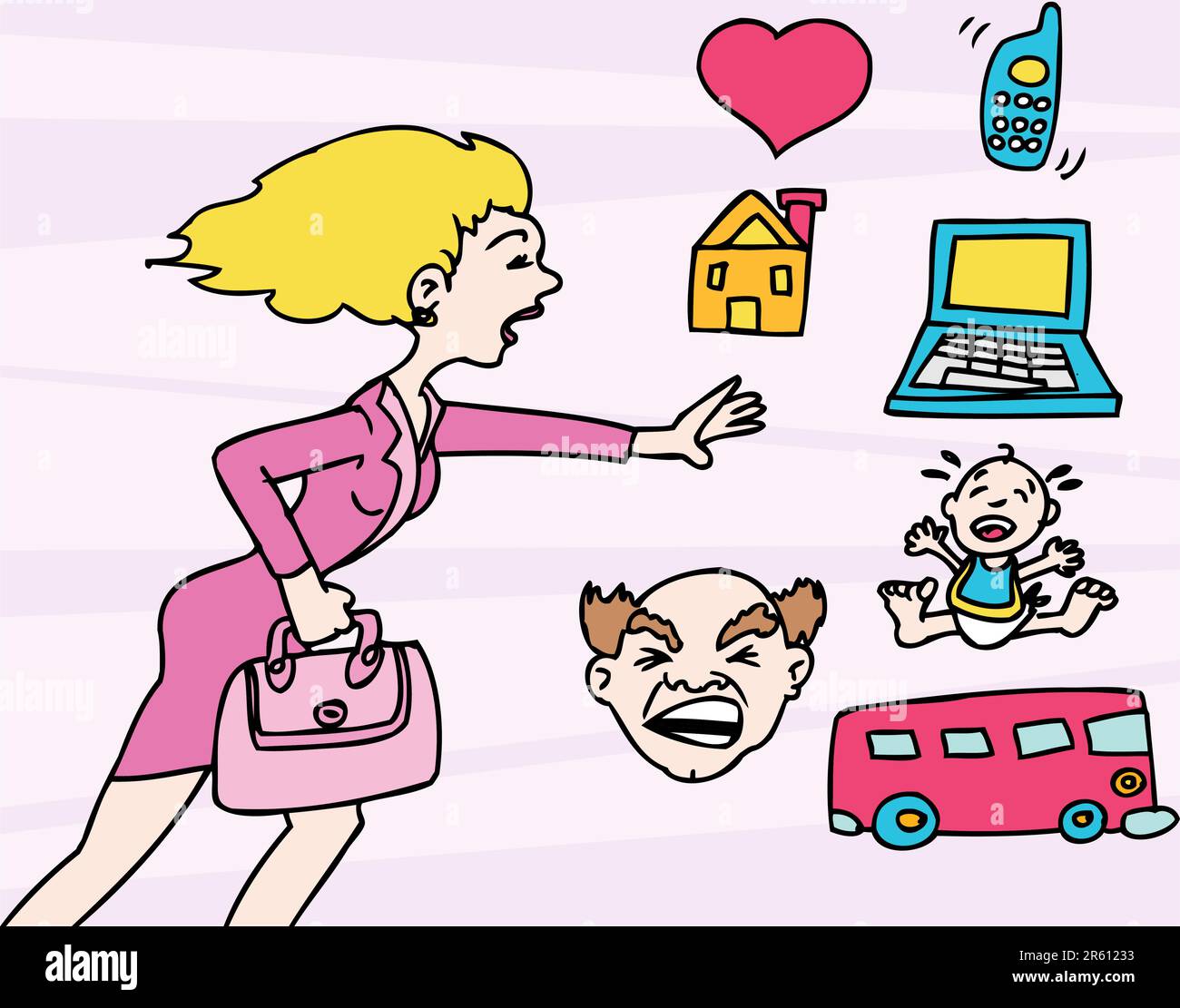 Mother is torn between choosing work life and home life. Stock Vector
