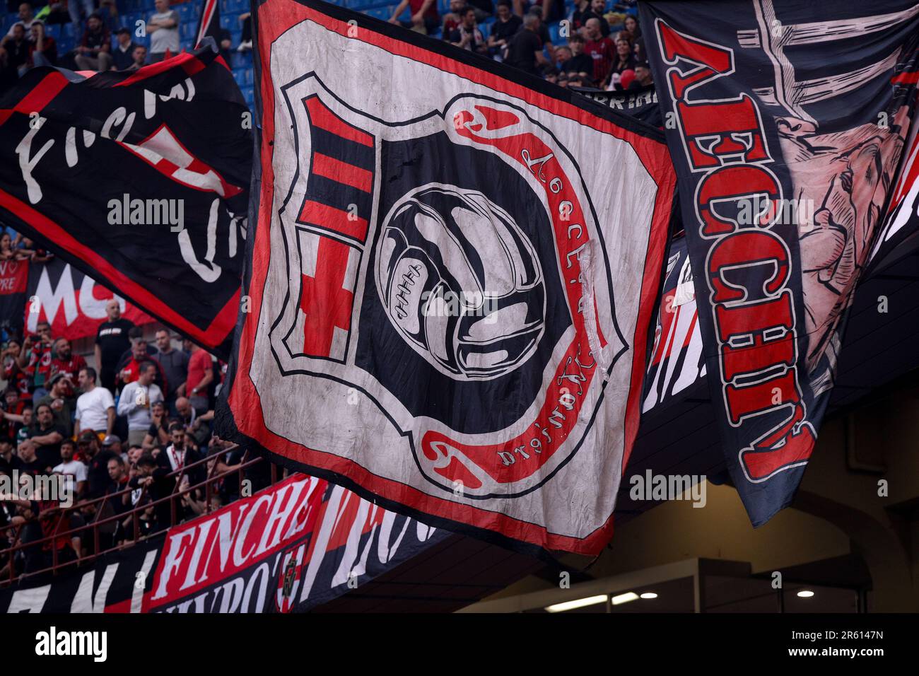 Milan, Italy. 4th June, 2023. Italy, Milan, june 3 2023: supporters of AC Milan wave the flags and show banners in the stands during soccer game AC Milan vs Hellas Verona, Serie A Tim 2022-2023 day38 San Siro Stadium (Credit Image: © Fabrizio Andrea Bertani/Pacific Press via ZUMA Press Wire) EDITORIAL USAGE ONLY! Not for Commercial USAGE! Stock Photo