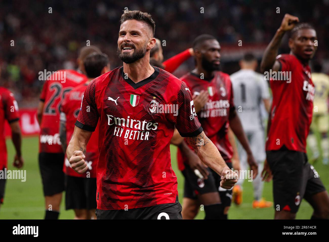 June 4, 2023, Milan, Italy: Italy, Milan, june 3 2023: Olivier Giroud (AC Milan striker) scores and celebrates the 1-0 goal at 45+2' during soccer game AC Milan vs Hellas Verona, Serie A Tim 2022-2023 day38 San Siro Stadium (Credit Image: © Fabrizio Andrea Bertani/Pacific Press via ZUMA Press Wire) EDITORIAL USAGE ONLY! Not for Commercial USAGE! Stock Photo