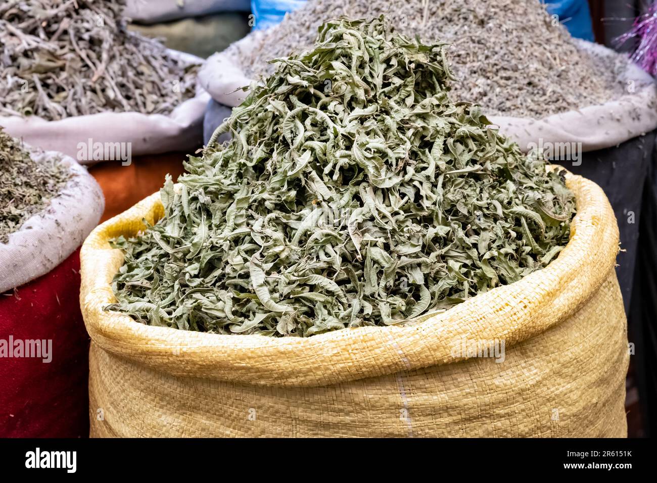 Dry Stevia plant leaves at the local herbal markets, also known as souks, in Medina, Marrakesh, Morocco, a popular sweetener and sugar alternative Stock Photo