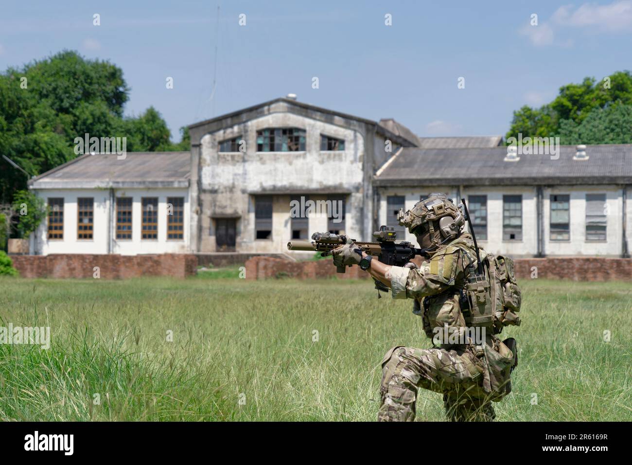 Soldier in civil war, ruin building. Close quarter battle and civil war ...