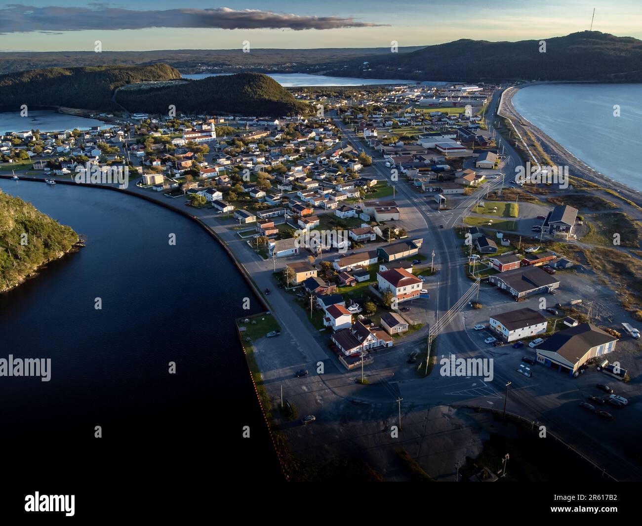 Aerial sand spit town of Placentia Newfoundland overlooking the East