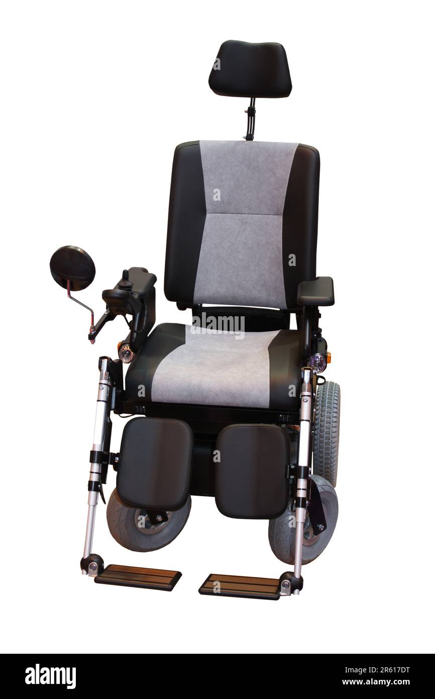 A Grey and Black Motorised Disability Wheelchair. Stock Photo
