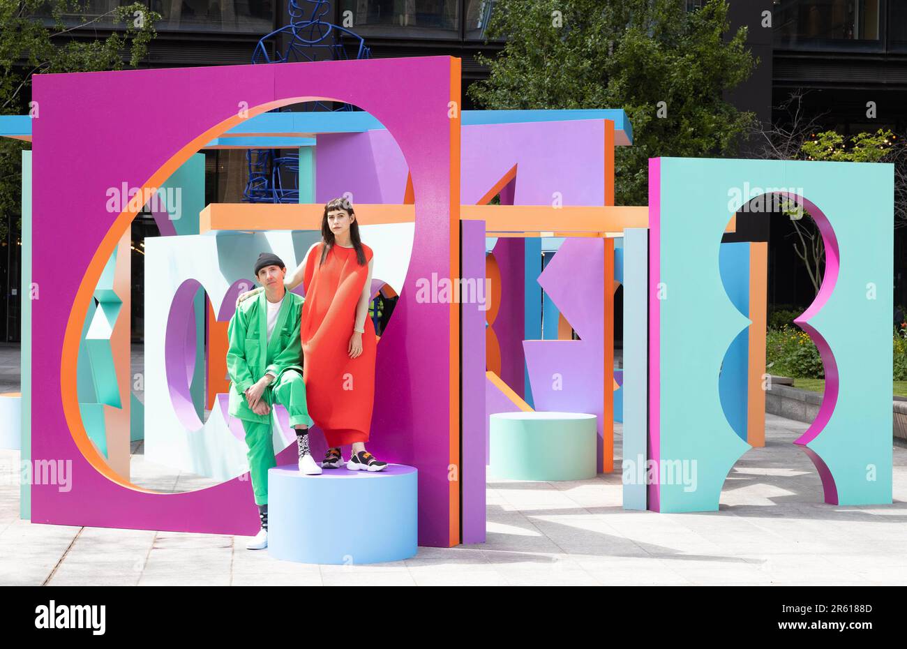 EDITORIAL USE ONLY Artists Leta Sobierajski and Wade Jeffree, known collectively as Wade and Leta, unveil their newest installation titled 'Now You See Me' at Principal Place in London as part of Brookfield Properties’ summer programme. Picture date: Tuesday June 6, 2023. Stock Photo