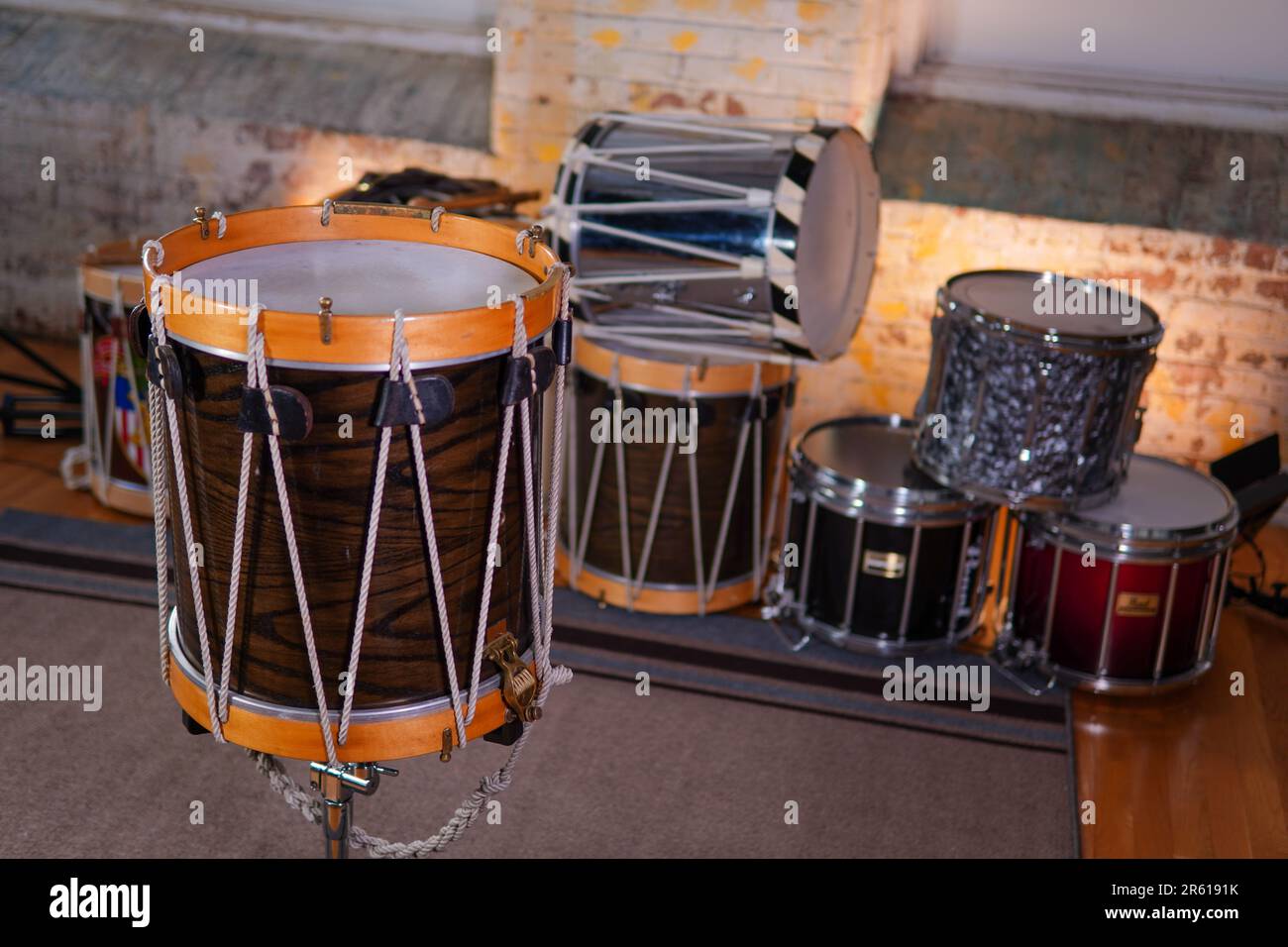 A stack of classic wooden drums Stock Photo Alamy