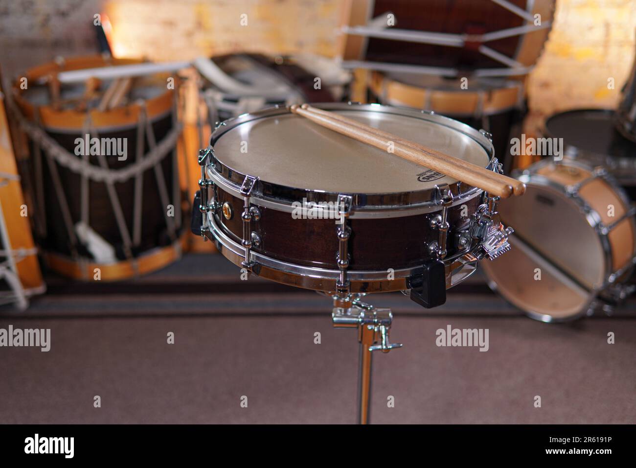 A stack of classic wooden drums Stock Photo Alamy