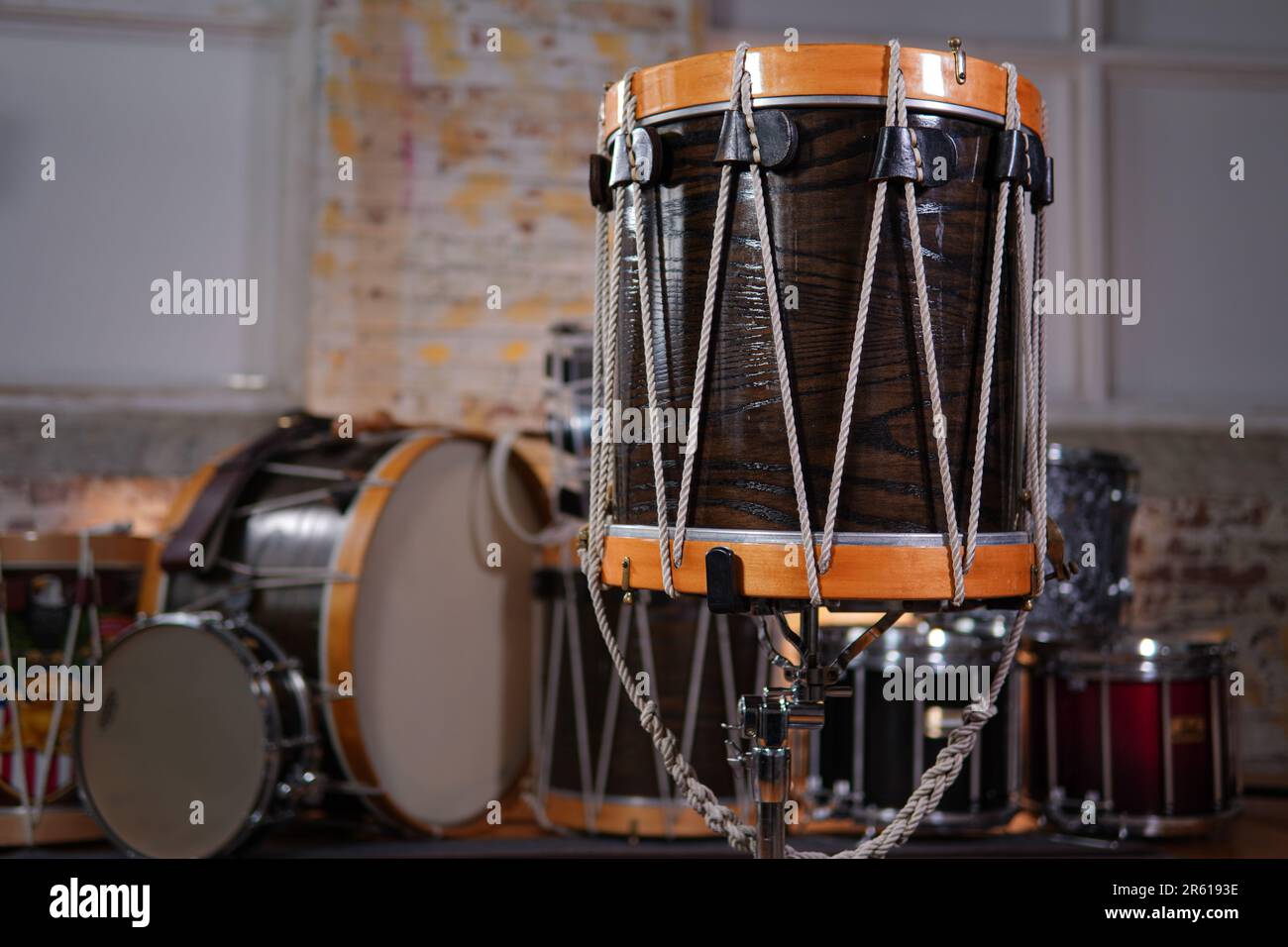 A stack of classic wooden drums Stock Photo Alamy