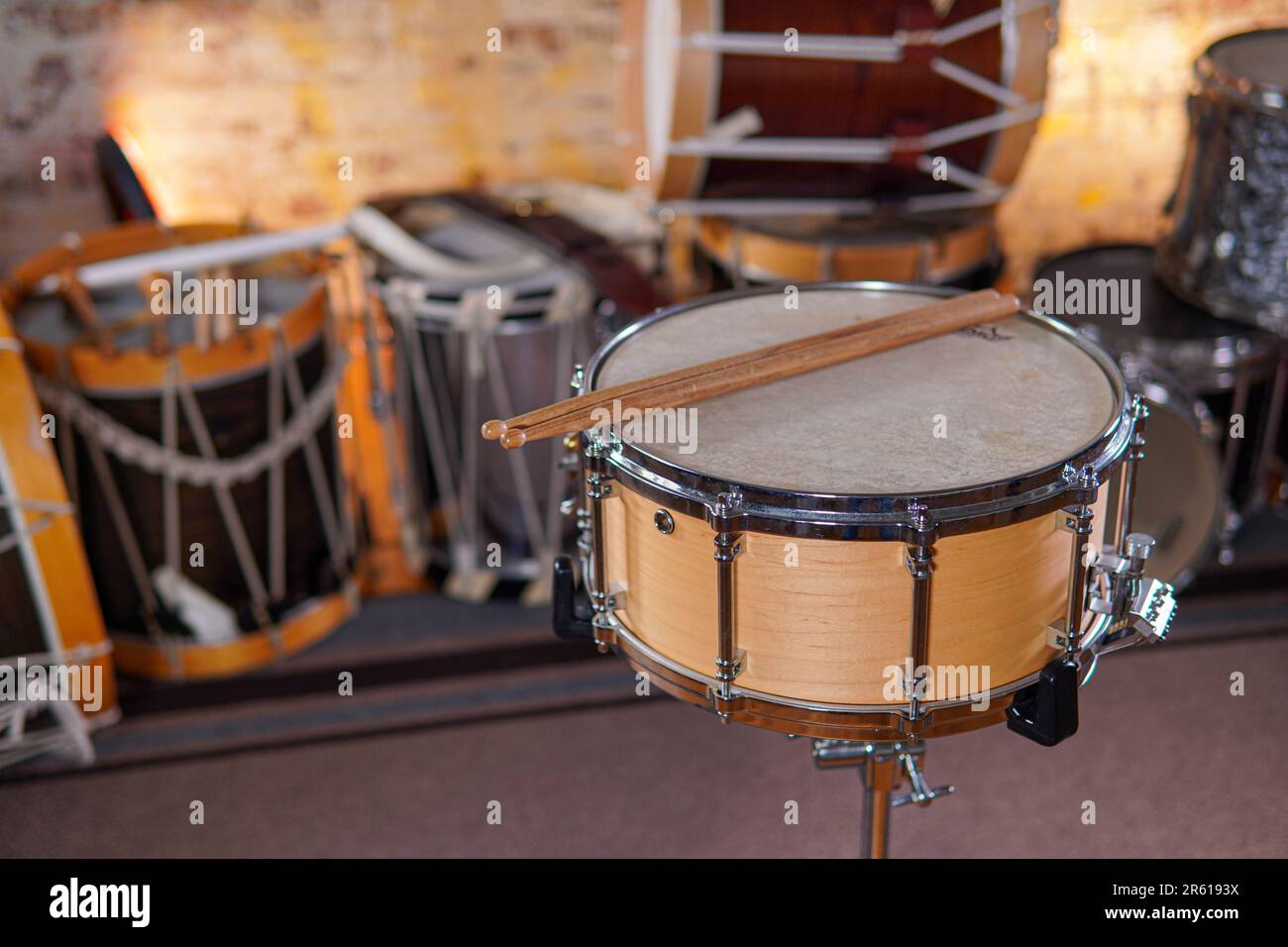 A stack of classic wooden drums Stock Photo Alamy