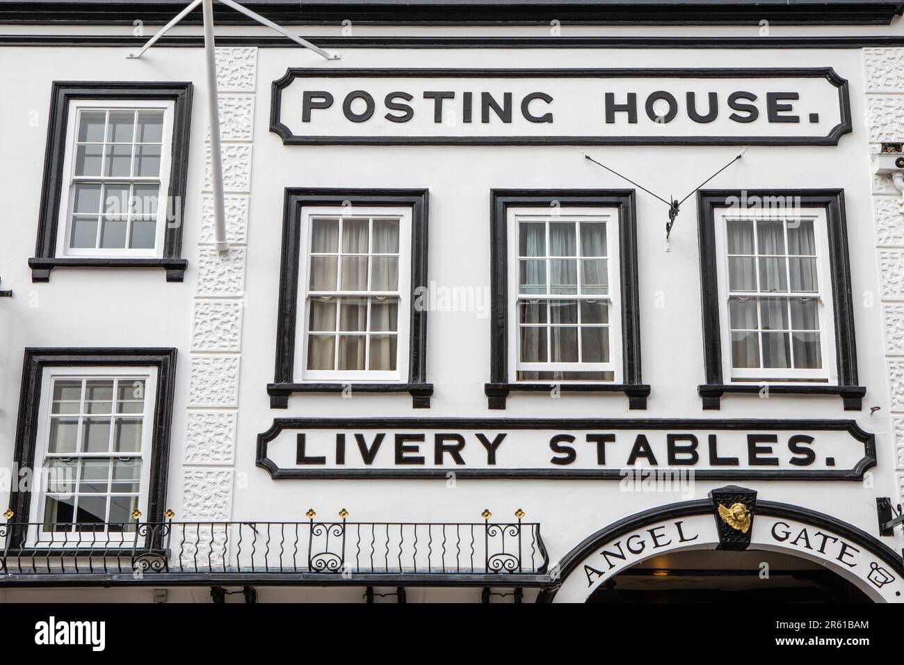 The exterior of The Angel Hotel which historically served as a posting house, in the town of Guildford in Surrey, UK. Stock Photo