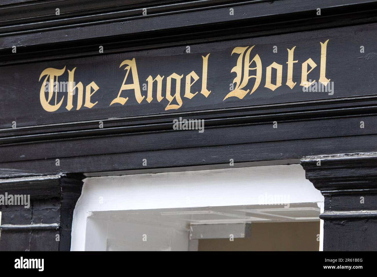 Surrey, UK - April 5th 2023: The exterior of The Angel Hotel which historically served as a posting house, in the town of Guildford in Surrey, UK. Stock Photo