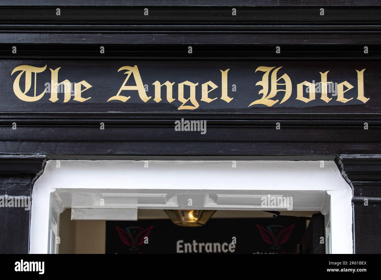 Surrey, UK - April 5th 2023: The exterior of The Angel Hotel which historically served as a posting house, in the town of Guildford in Surrey, UK. Stock Photo