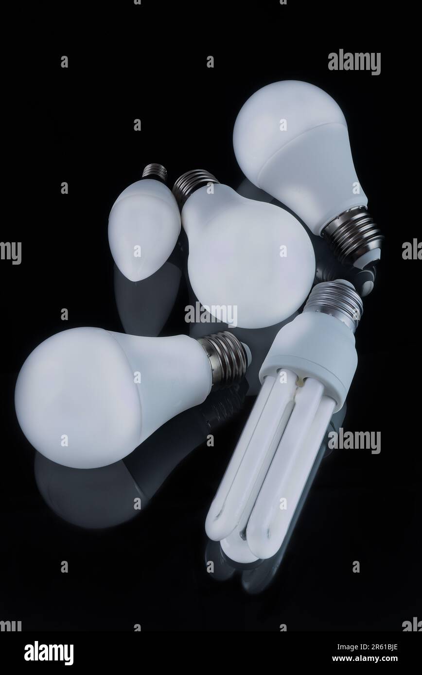 Ampoules basse consommation de formes différentes, illuminées, sur fond