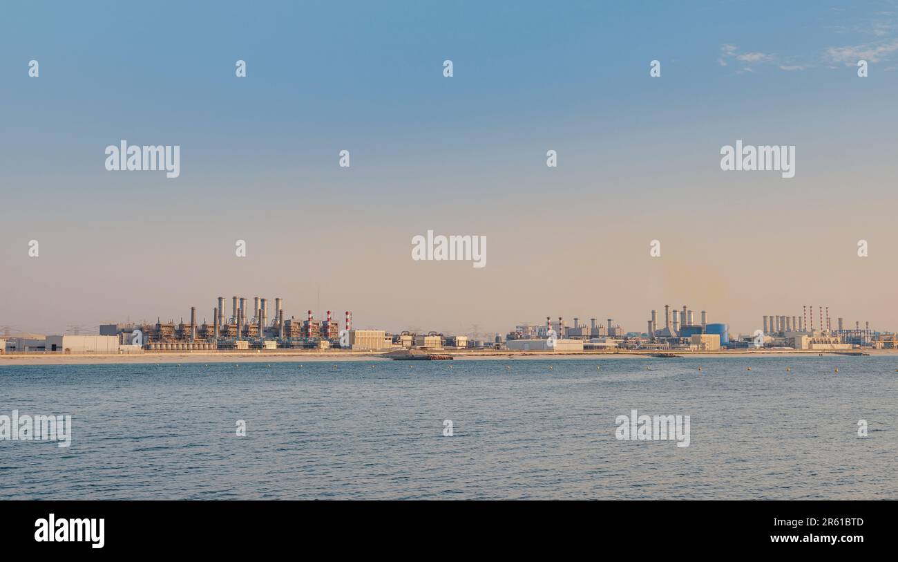 Air pollution from power plant chimneys. view from Bluewater island in