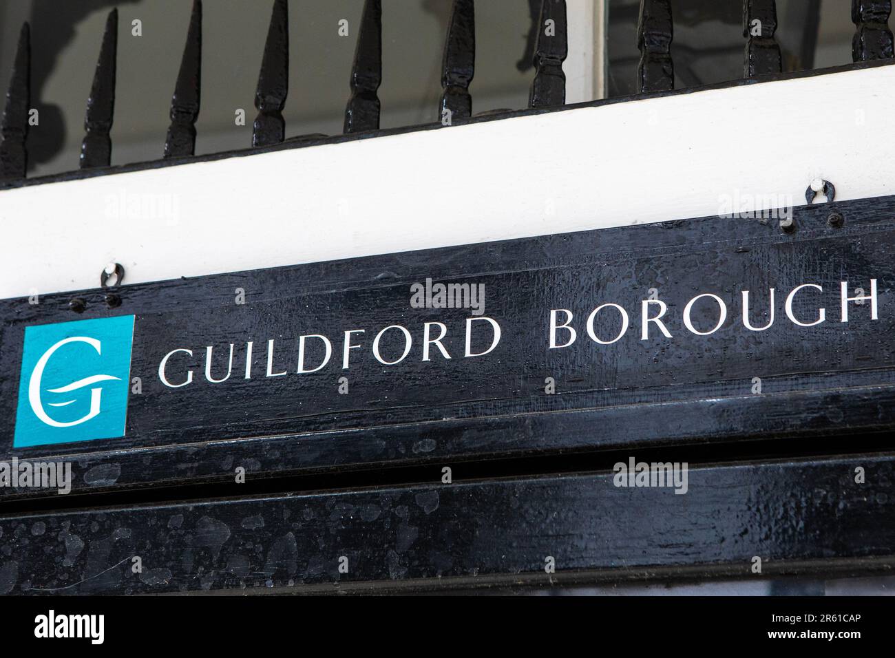 Surrey, UK - April 5th 2023: The logo of Guildford Borough Council on a local council noticeboard in Surrey, UK. Stock Photo