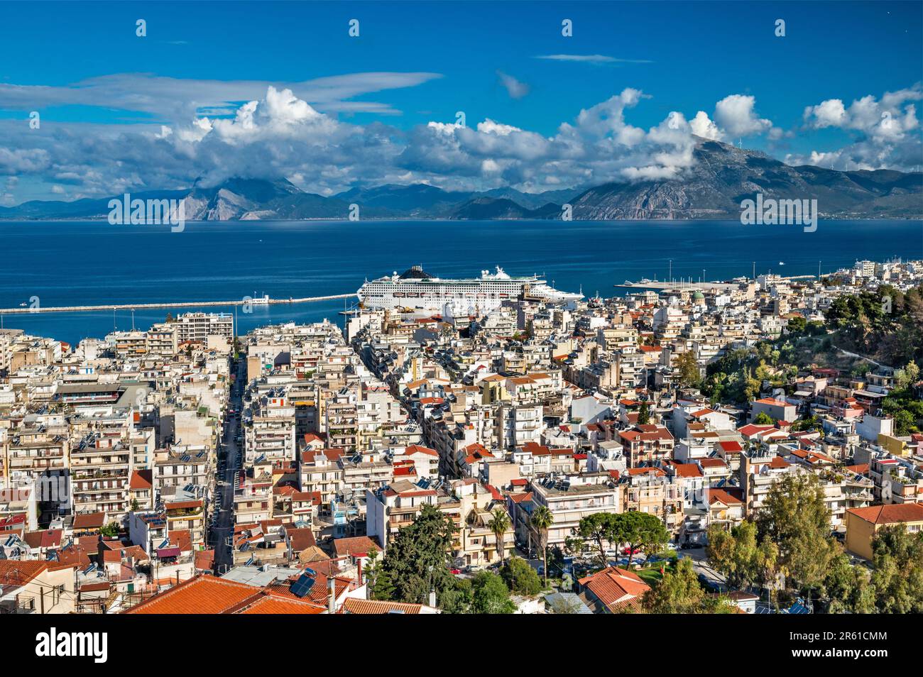 City of Patra, cruise ship at Gulf of Patra wharf, Arakynthos Mountains in distance, view from Patras Fortress (Kastro), Peloponnese peninsula, Greece Stock Photo