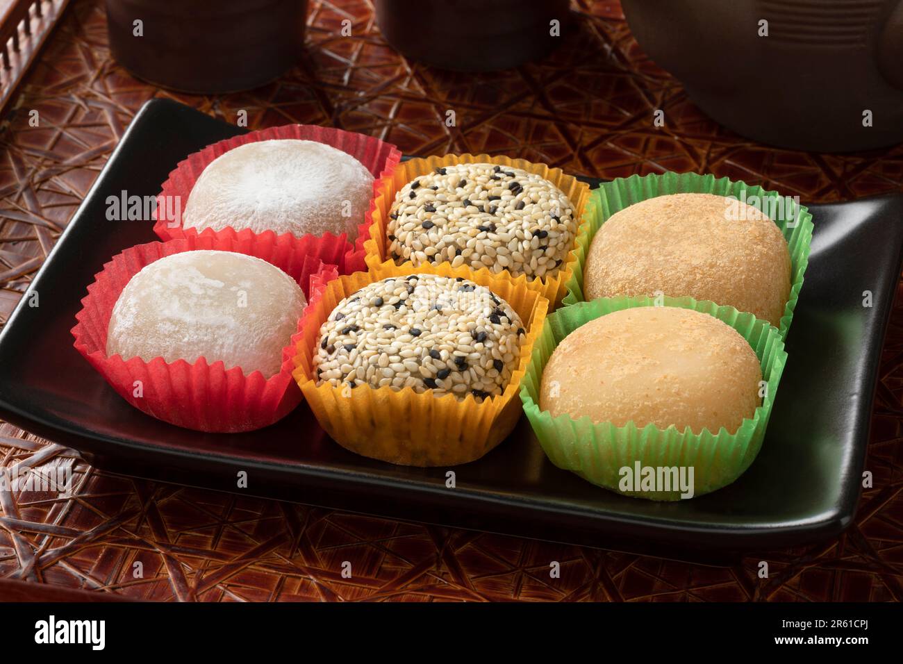 Dish with a variation of traditional Japanese Mochi close up Stock Photo