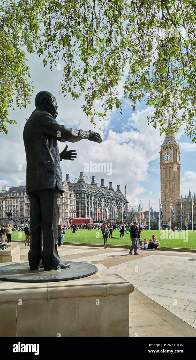 Statue, of Nelson Mandela, in Parliament Square, opposite the Houses of Parliament, London