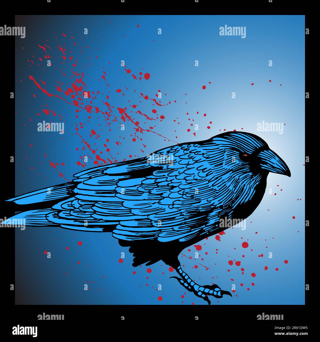 Hand drawn crow and blood splatter. Stock Vector