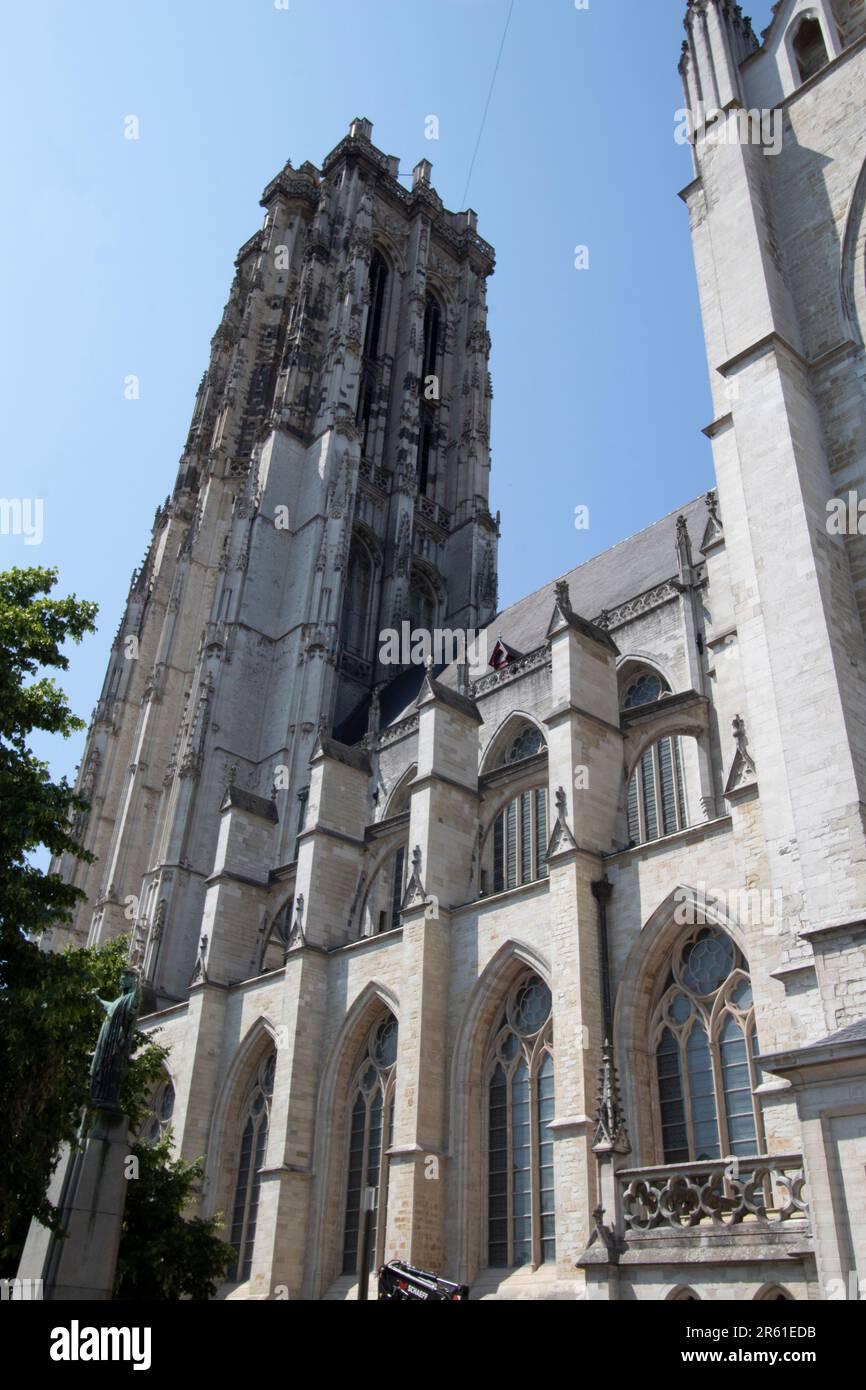 The soaring tower of Saint Rumbold's Cathedral Mechelen Belgium Stock ...