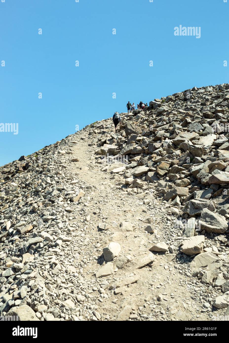 Climbing the final section on Hollow Stones route to Scafell Pike summit, Lake District, England, UK Stock Photo