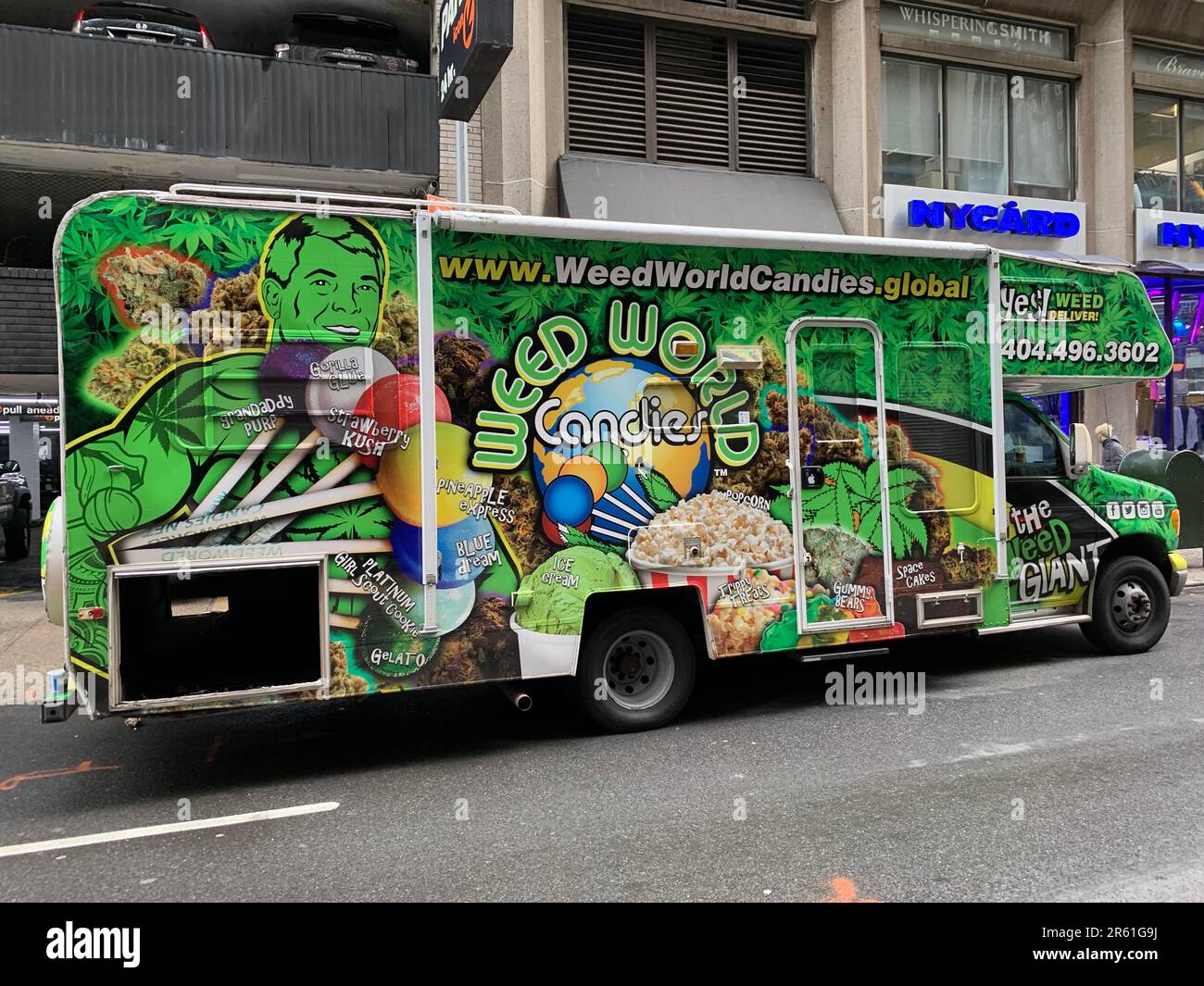 A camper truck advertises selling pot, cannabis, weed and marijuana legally and publicly, from a mobile location on the streets in New York City Stock Photo