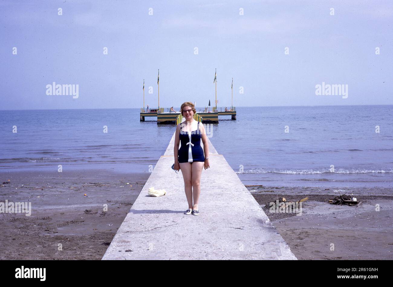 Woman In Swimming Costume, Venice Lido, 1968   Photo by The Henshaw Archive Stock Photo