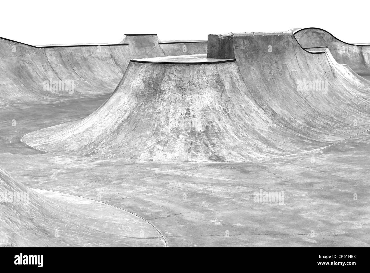 Ramps skatepark in the recreation park. Free skate park. On a white ...