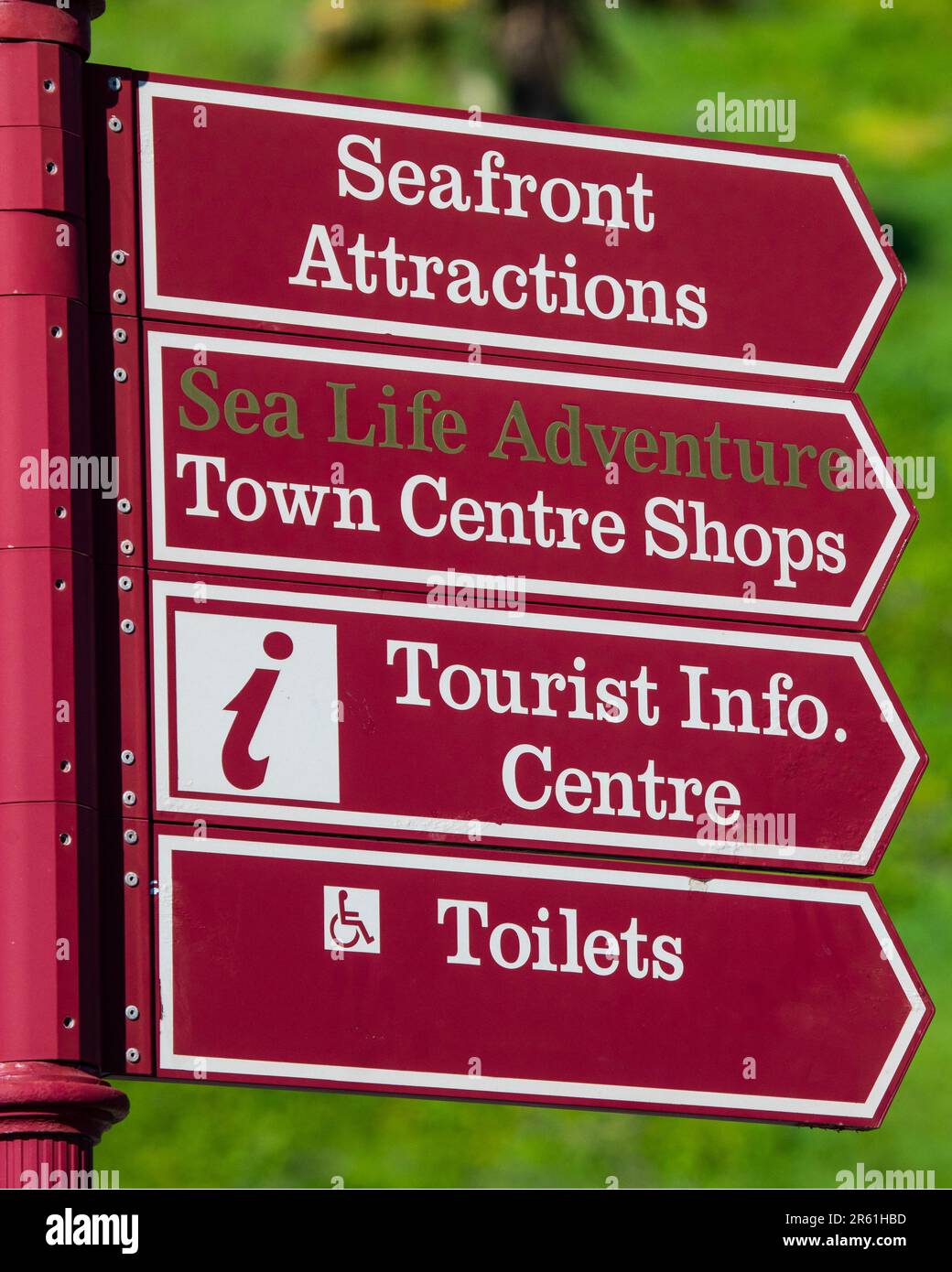 Signposts showing the directions to local tourist attractions in the city of Southend-on-Sea in Essex, UK. Stock Photo