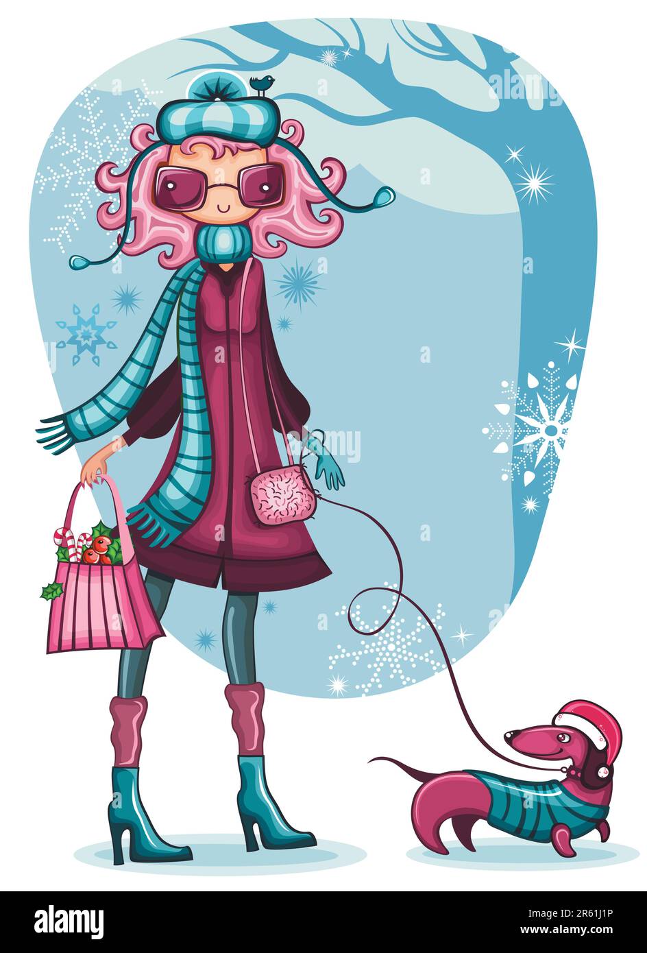 Whimsical shopping girl with dachshund in the winter park. Stock Vector
