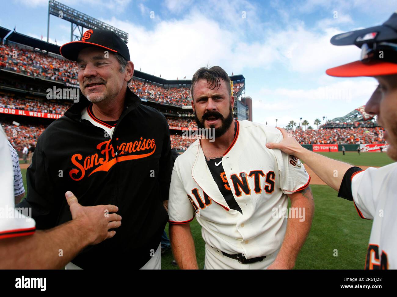 Giants manager Bruce Bochy and closer Brian Wilson celebrate a 3-0 win over  the San Diego Padres and the NL West title at AT&T Park on Sunday. (Paul  Chinn/San Francisco Chronicle via