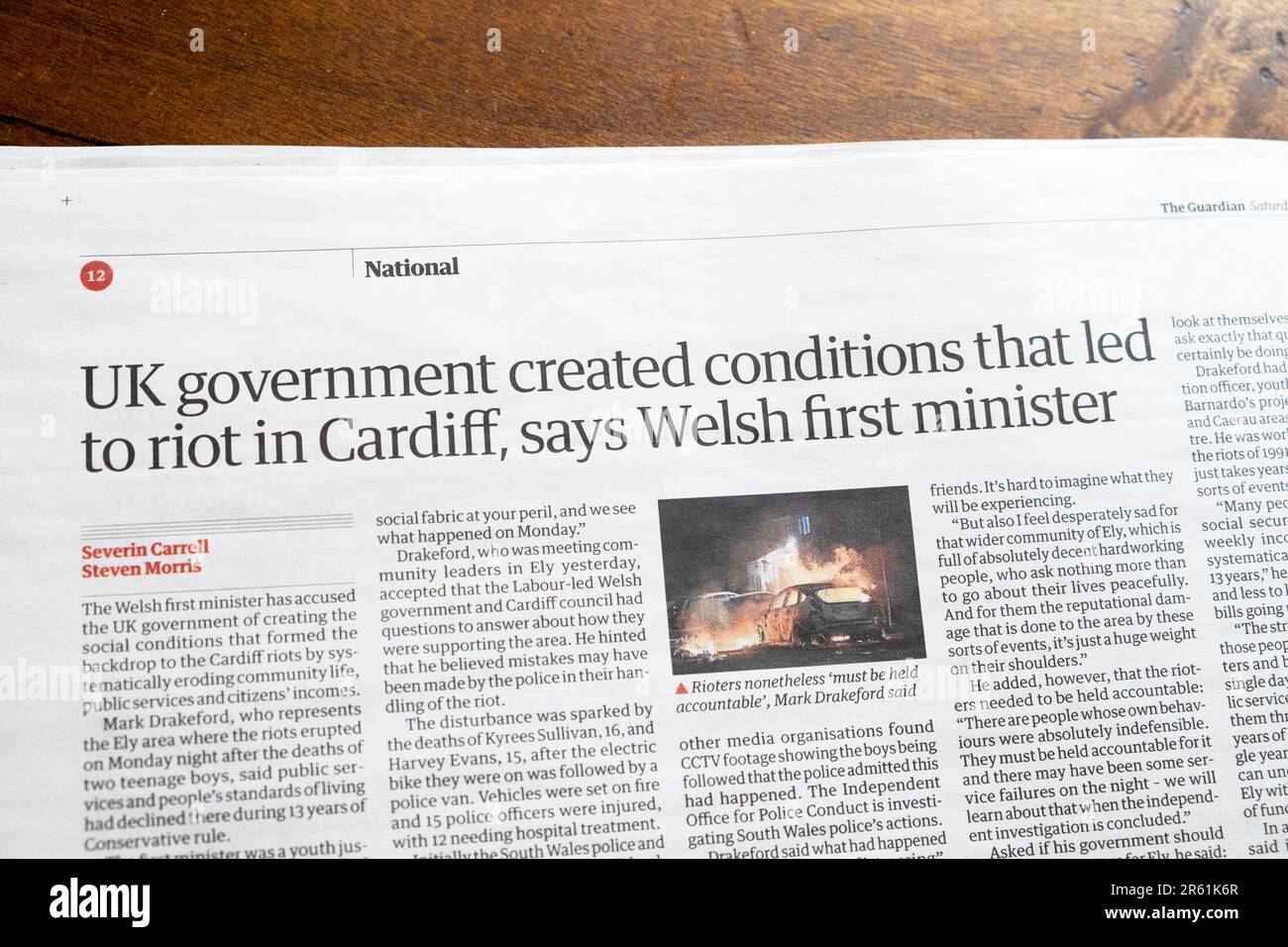 'UK government created conditions that led to riot in Cardiff, says Welsh first minister' Mark Drakeford Guardian newspaper headline Ely Wales UK Stock Photo