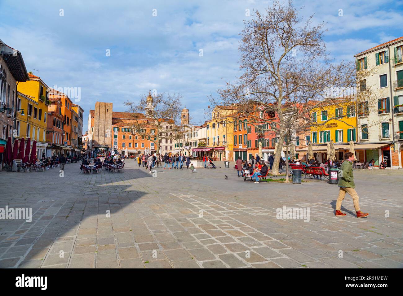 Venice, Italy - April 2, 2022: Campo Santa Margherita is a city square in the sestiere of Dorsoduro of Venice, Veneto, Italy. Stock Photo