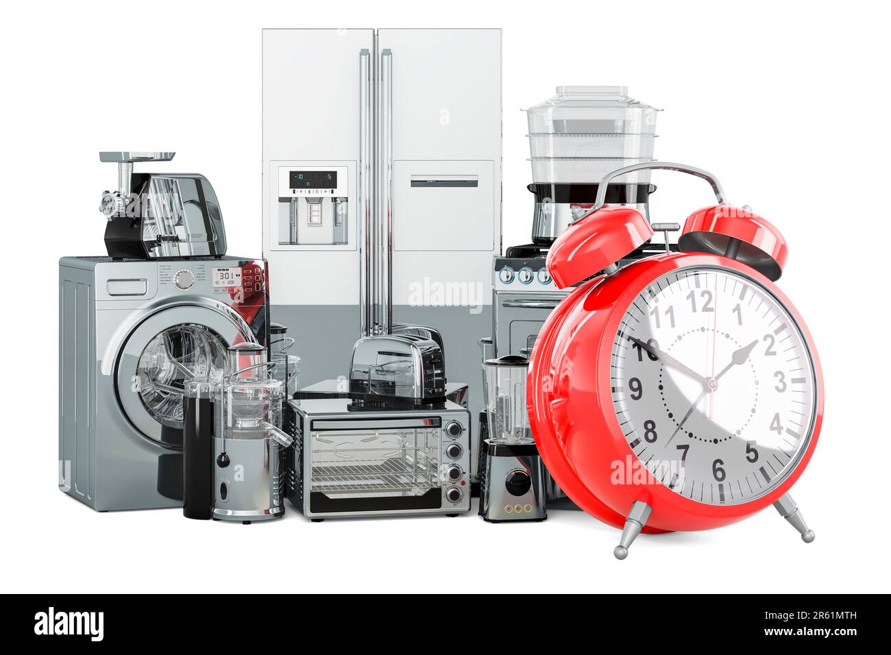 Kitchen and home appliance with alarm clock, 3D rendering isolated on