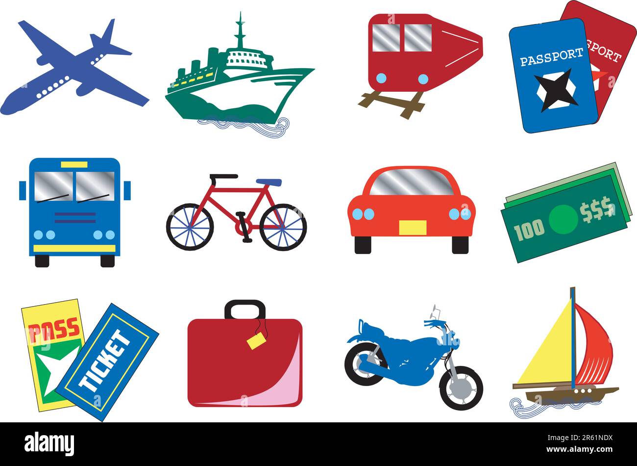 Twelve vector travel icons, also available as buttons. Stock Vector