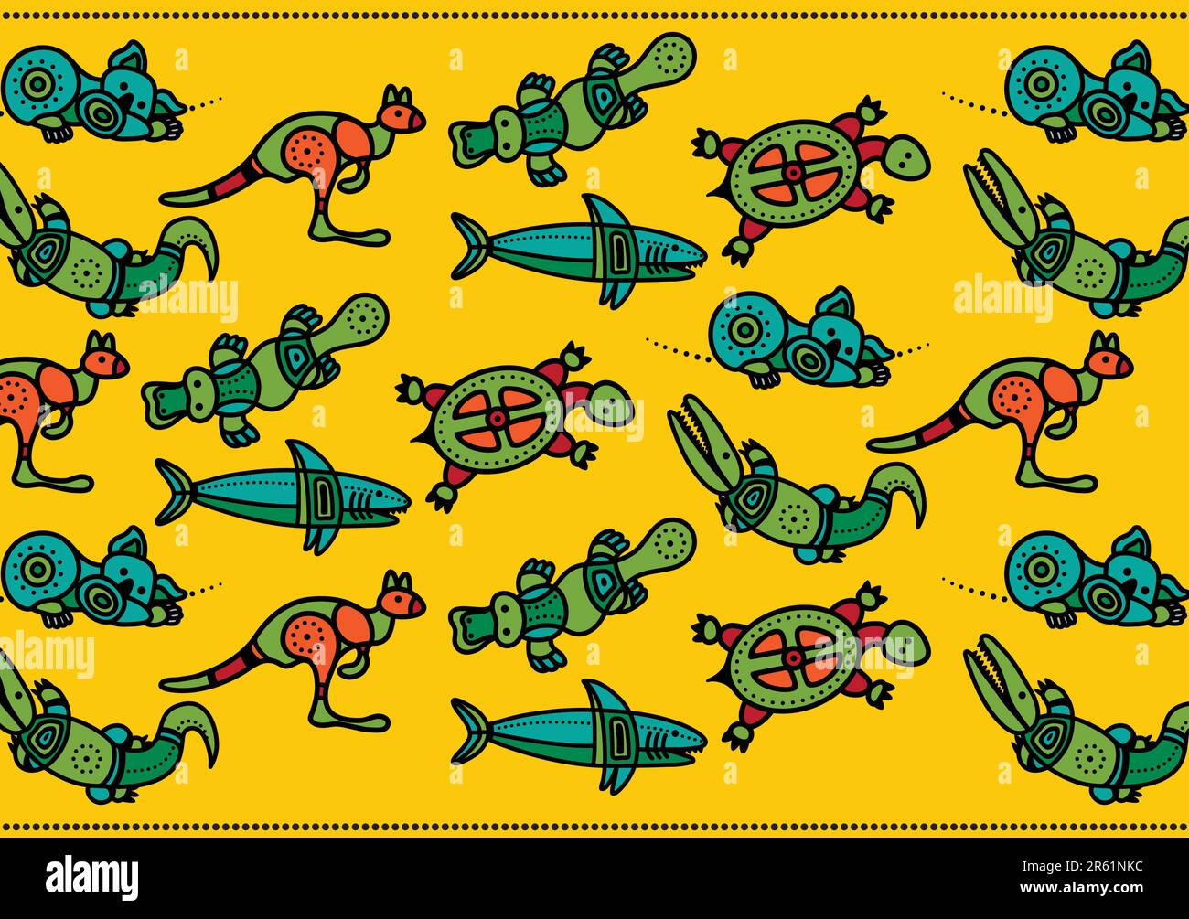 Vector pattern including ethnic Australian motive with multicolored typical animals Stock Vector