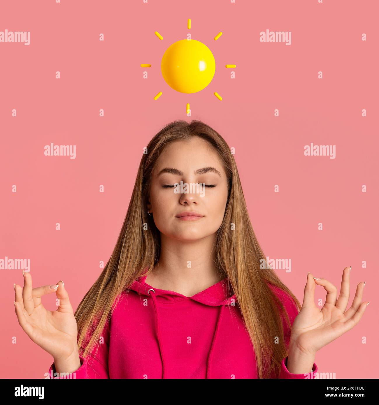 Keep Calm. Woman With Sun Emoji Above Head Meditating On Pink Background Stock Photo